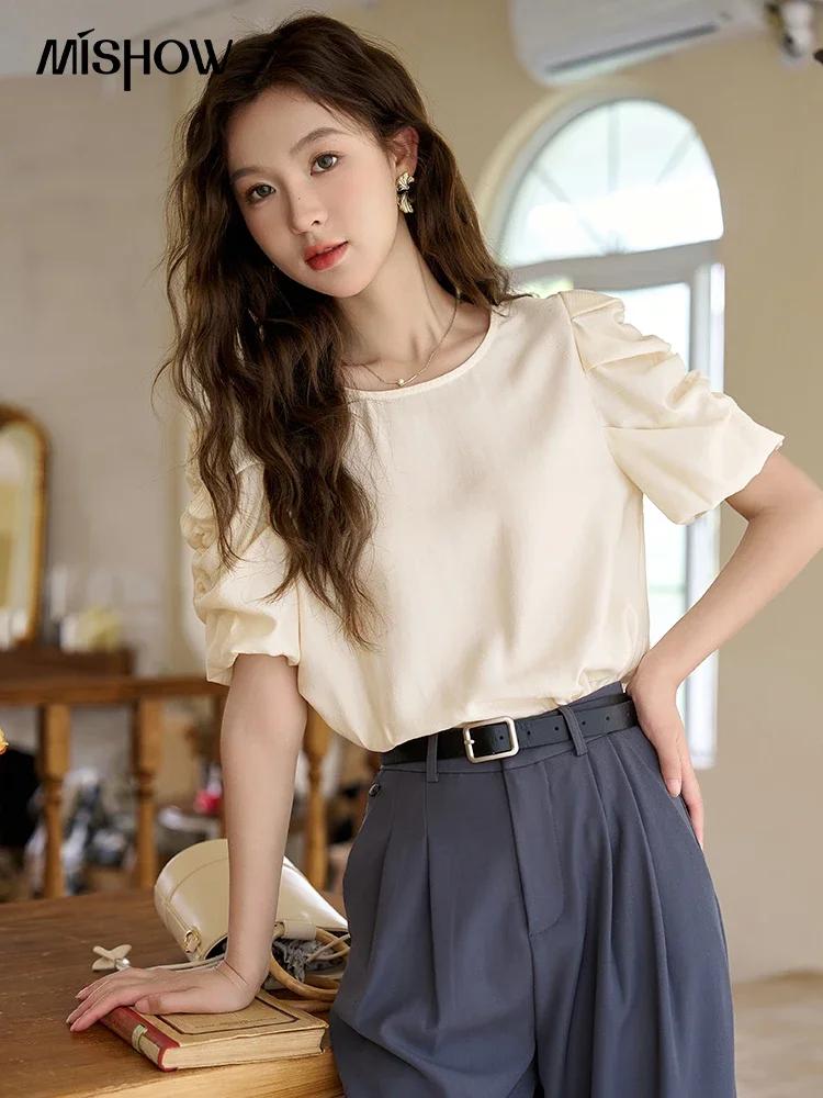 MISHOW Chiffon Blouses for Women 2023 Summer Korean Puff Sleeve Pullover O Neck Solid LooseFemale Clothes Elegant To